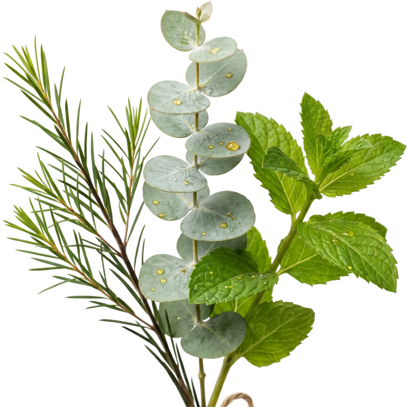 Three amber bottles of essential oil with fresh tea tree, eucalyptus, and peppermint sprigs — the cooling trio in the Neem & Tulsi body scrub