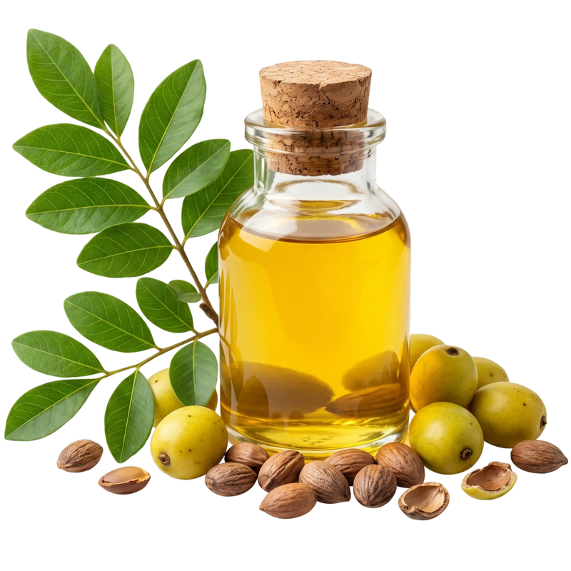 Golden marula oil in an amber glass bottle with marula fruit — nourishing oil in Moonshine face oil