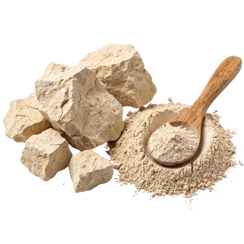 Multani mitti (fuller's earth) — pale sandy clay pieces and fine powder, the traditional South Asian clay in the Neem & Tulsi face scrub