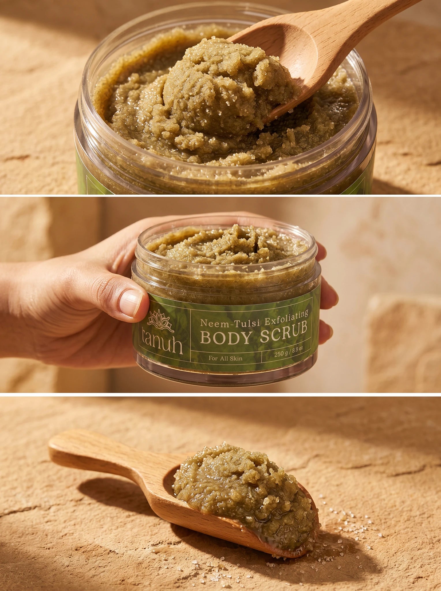 Tanuh Neem & Tulsi body scrub triptych — green herbal sugar scrub texture, open jar in hand, and wooden scoop, 250g