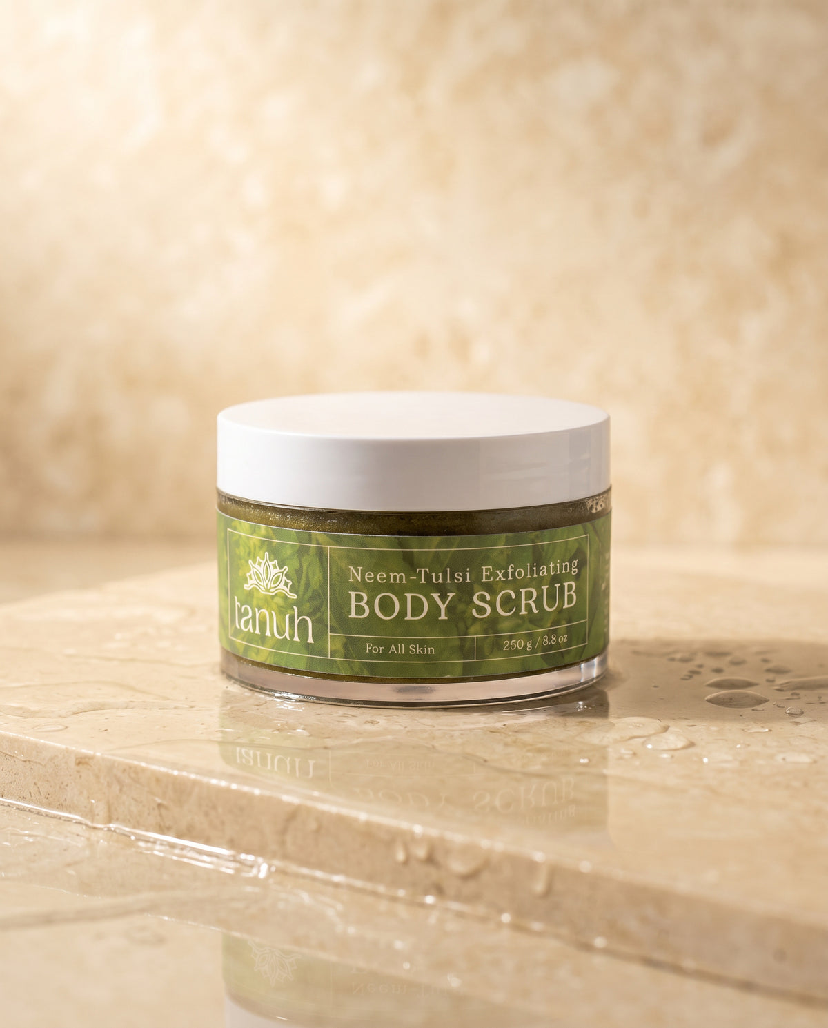 Tanuh Neem & Tulsi body scrub jar, green ayurvedic sugar scrub with neem and tulsi, 250g