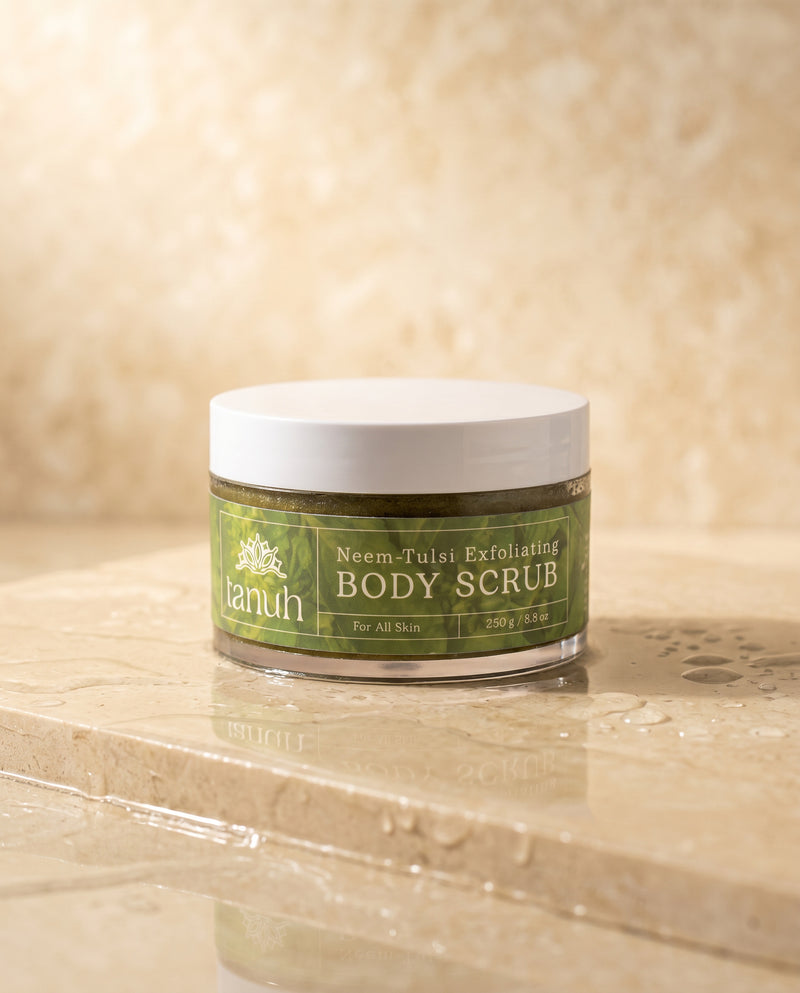 Tanuh Neem & Tulsi body scrub jar, green ayurvedic sugar scrub with neem and tulsi, 250g