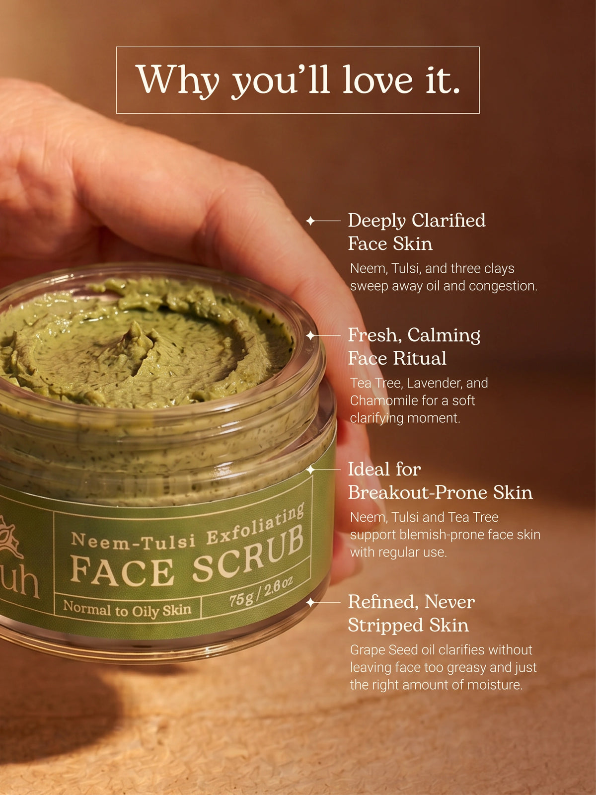 Why you'll love it: neem, tulsi and three clays clarify, tea tree and lavender calm, supports breakout-prone skin, grape seed oil refines without stripping