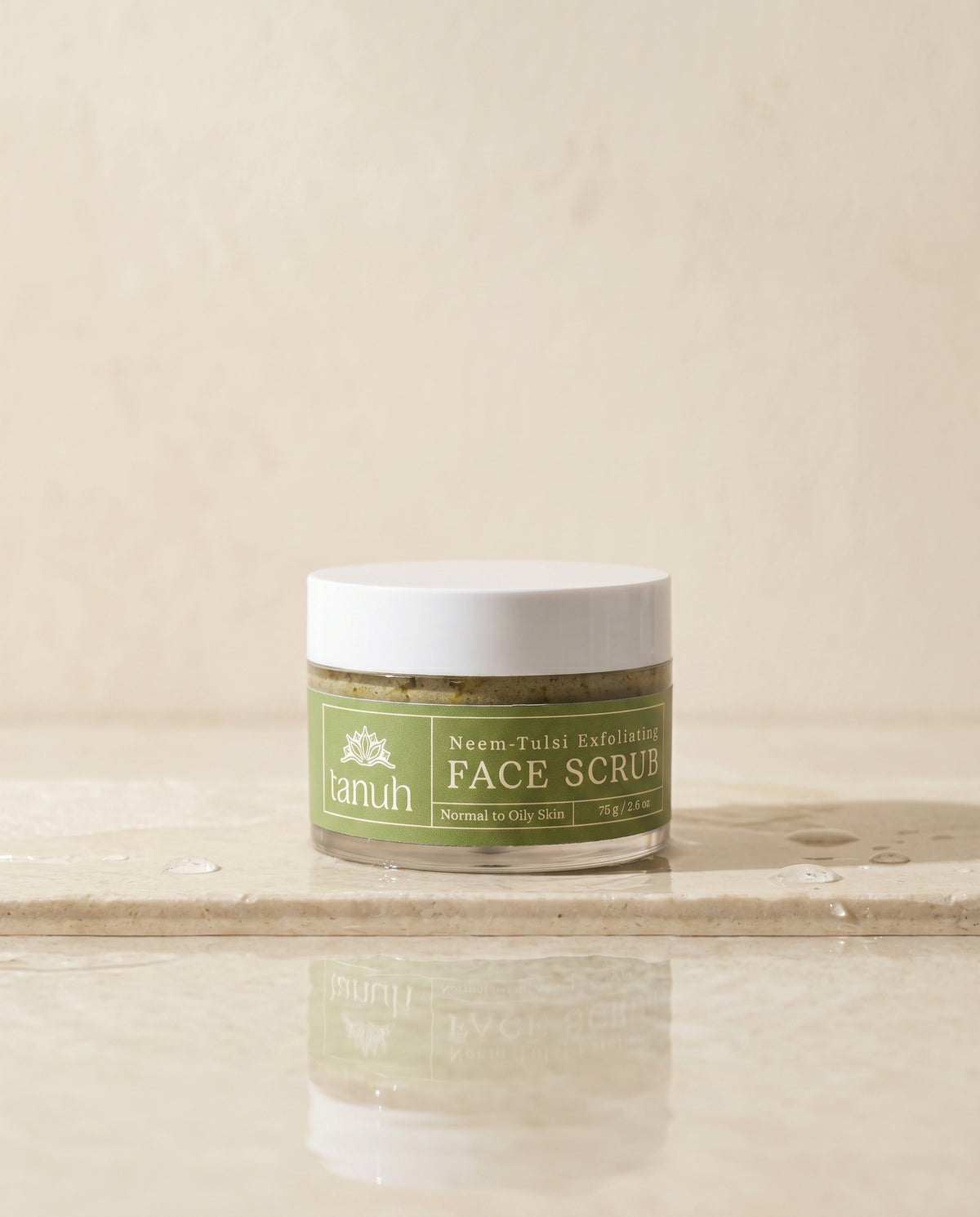 Tanuh Neem & Tulsi face scrub jar, deep moss-green clarifying scrub with multani mitti, 75g