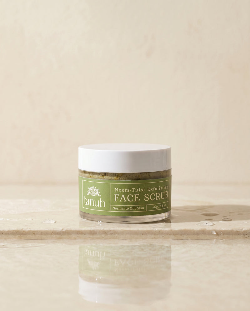 Tanuh Neem & Tulsi face scrub jar, deep moss-green clarifying scrub with multani mitti, 75g
