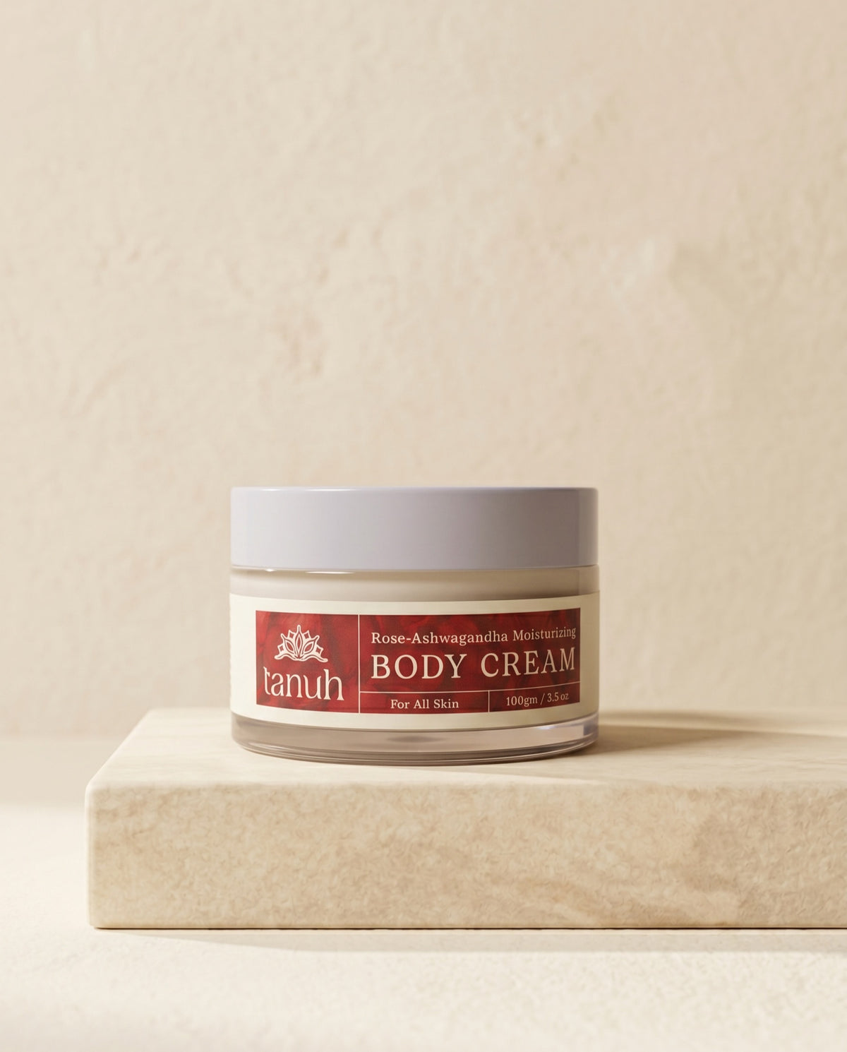 Tanuh Rose & Ashwagandha body cream jar, warm off-white whipped cream with honey, 100g