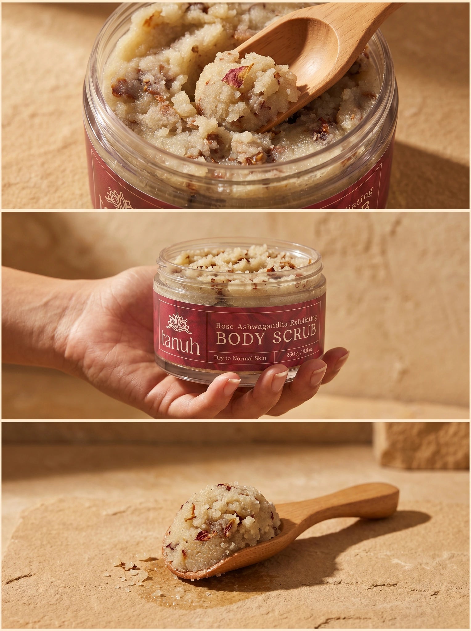 Three views of Rose & Ashwagandha Body Scrub: wooden spoon scooping the scrub, open jar held in a palm, and a close-up scoop showing rose petal texture