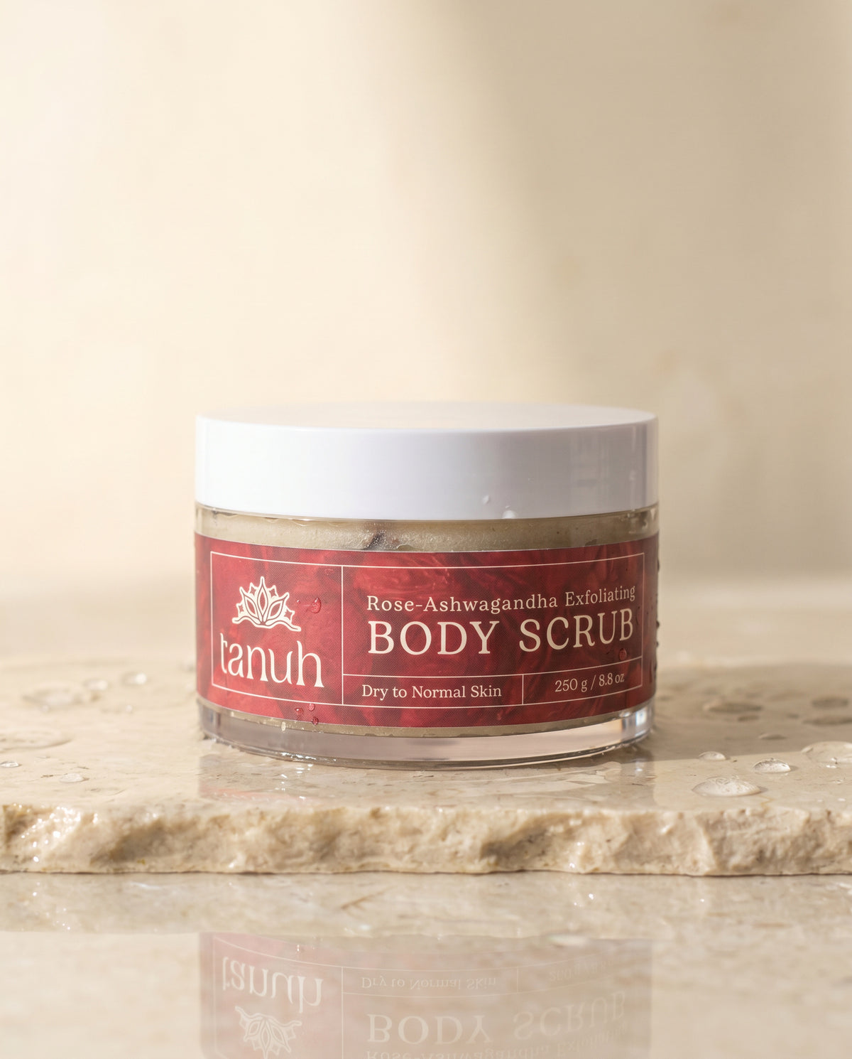 Tanuh Rose & Ashwagandha body scrub, creamy white sugar scrub with visible dried rose petals, 250g