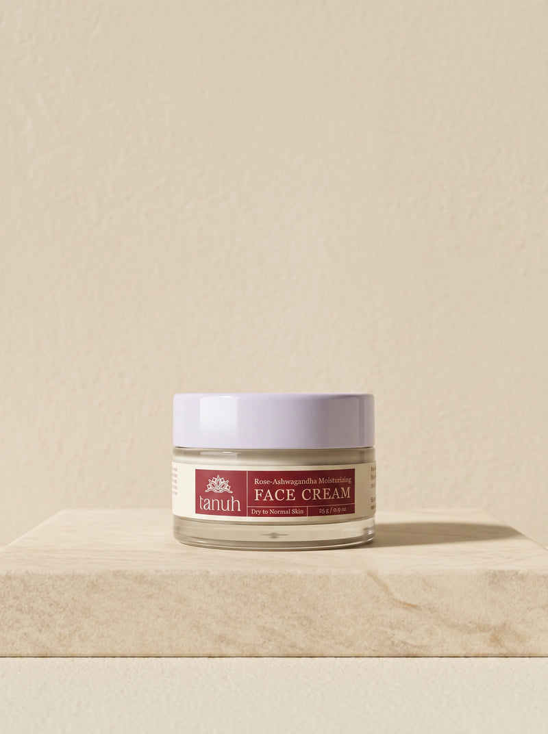 Tanuh Rose & Ashwagandha face cream — jar of lightweight Ayurvedic moisturizer on travertine stone, 25g