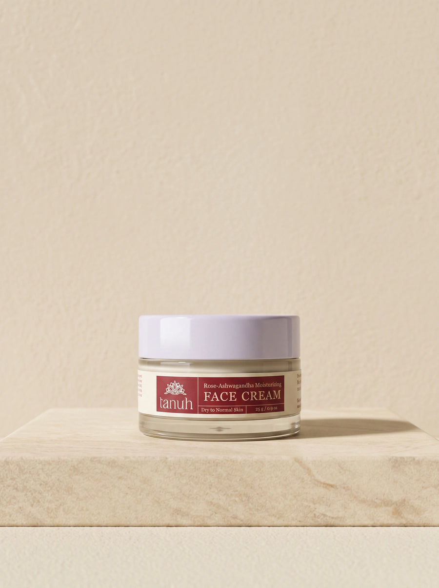 Tanuh Rose & Ashwagandha face cream — jar of lightweight Ayurvedic moisturizer on travertine stone, 25g