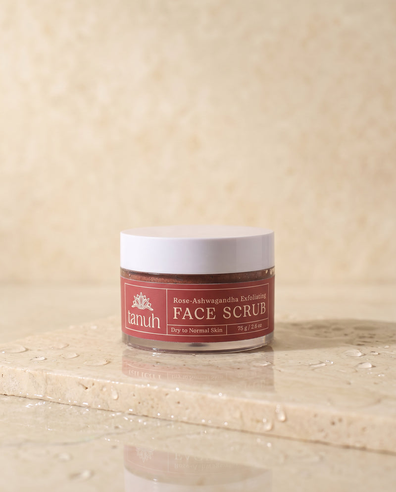 Tanuh Rose & Ashwagandha face scrub jar, creamy rose-red ayurvedic sugar exfoliator, 75g