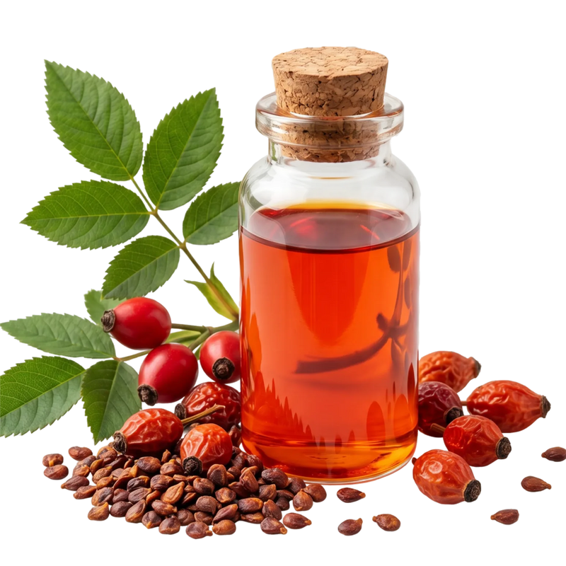 Golden-red rosehip seed oil in a glass bottle with fresh rosehips — nourishing oil in Tanuh's Rose & Ashwagandha line