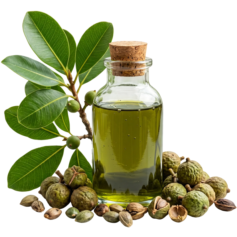 Deep green tamanu oil in an amber glass bottle with tamanu nuts — restorative oil in Moonshine face oil